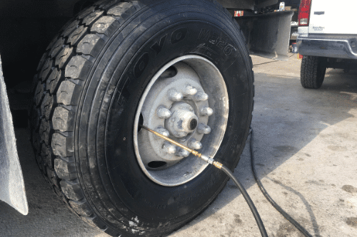 A truck tire being aired up at RDI Power