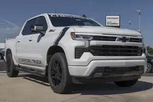 Chevrolet Silverado 1500 display. Chevy offers the Silverado in WT, Trail Boss, LT, RST, and Custom models.